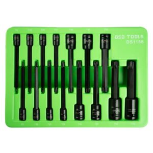 Set 15 tubulare de impact extra lungi cu bit Torx cu gaură (Tamper Torx) prindere 1/4", 3/8", 1/2" DS1188